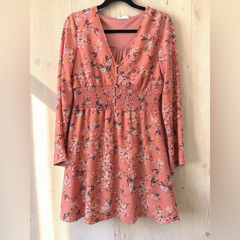 Altar'd State Rose Pink Floral Long Sleeve Smocked Waist Dress